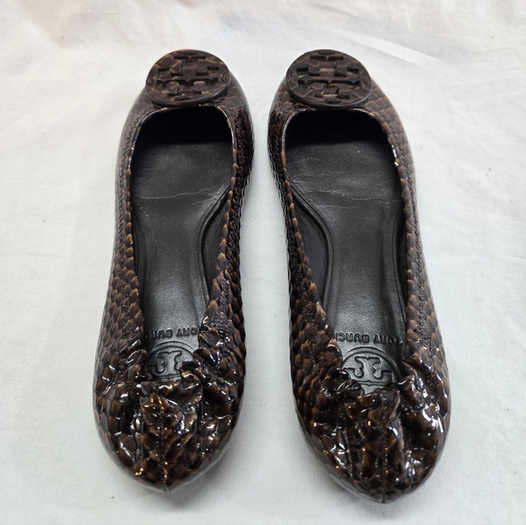 Tory Burch Women's 6 Reva Ballet Flats Brown Snake Skin Patent Leather - Picture 4 of 9